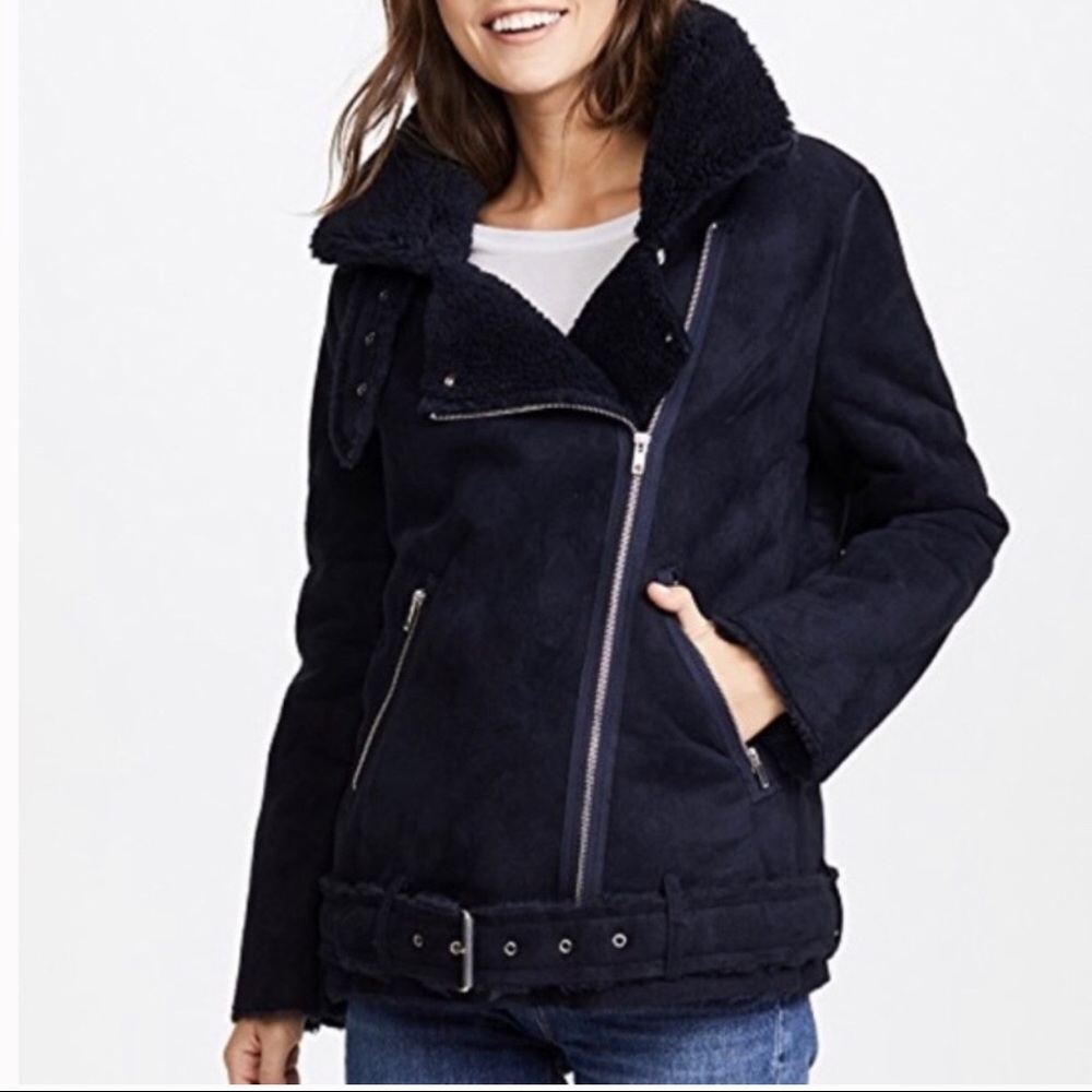 J.O.A. NWOT Navy Shearling Teddy Moto Jacket XS